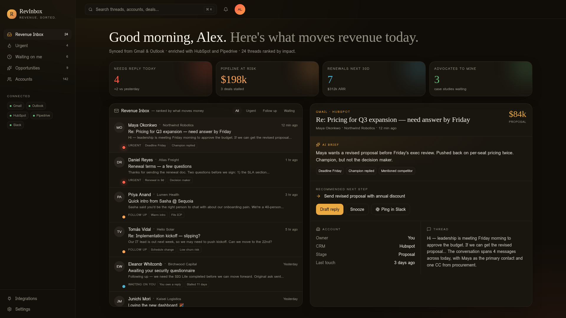 RevInbox dashboard showing a ranked inbox with AI brief and deal context